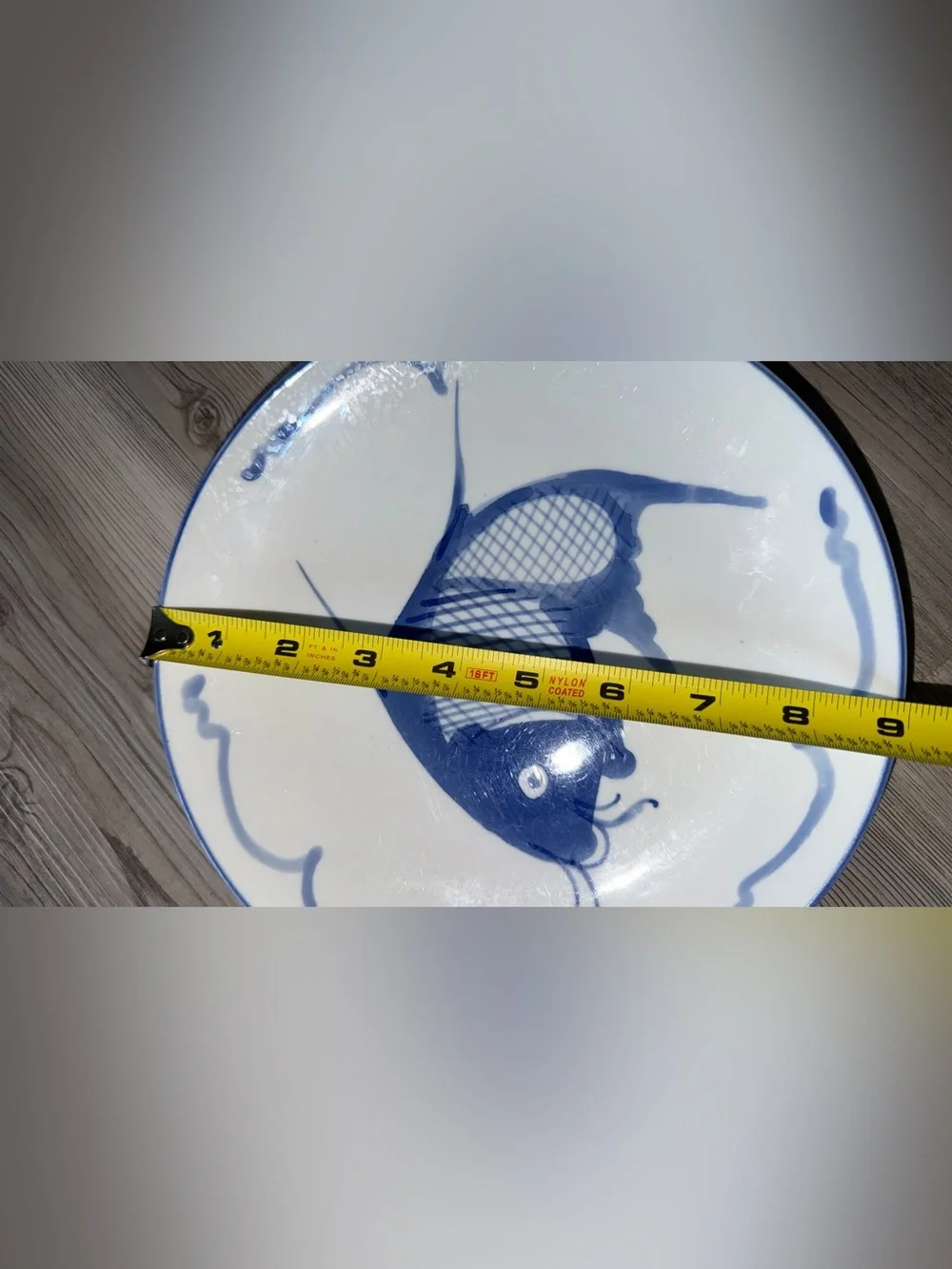 Vintage Blue/White Porcelain Chinese Koi Fish Shallow Plate Handpainted 9”